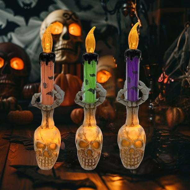 Velas de Halloween con Candelabro, Luces, Mano de Esqueleto y Fantasma | Material de Resina Verde | 21,5 X 6 Cm | Funciona con Pilas | Decoración de Halloween