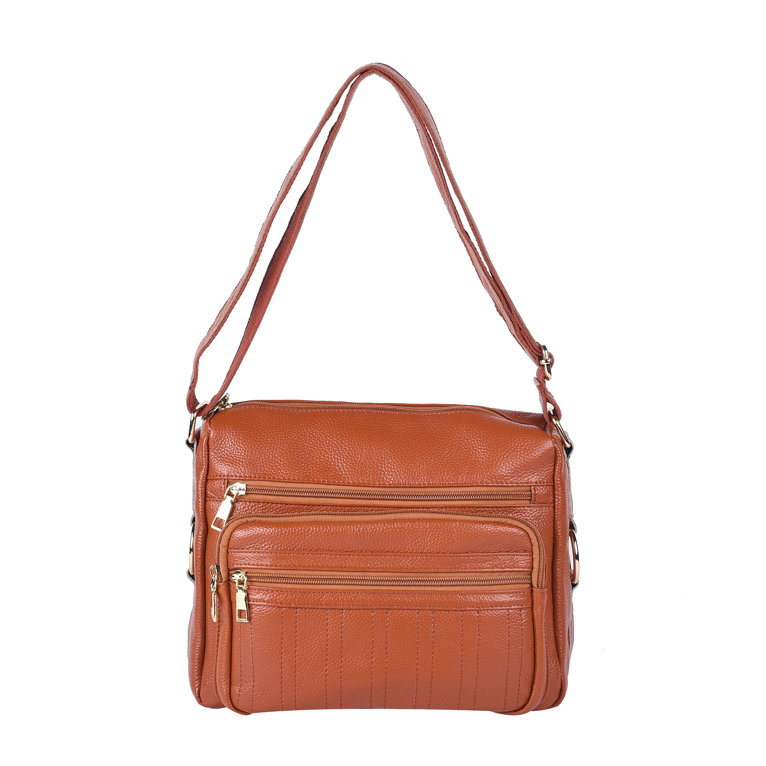Shop LC Women Tan Color Multi Pocket Leather Crossbody Bag for Shoulder