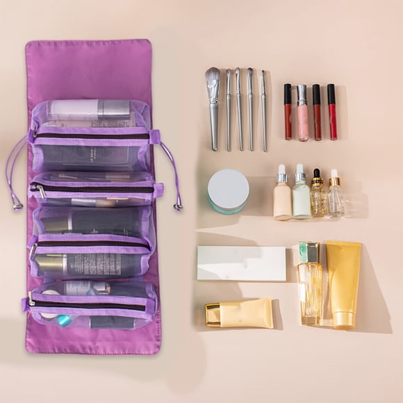 Neceser enrollable para maquillaje, organizador de viaje para artículos de aseo - 4 bolsas de nailon desmontables, estuche de cosméticos de gran capacidad para mujer | Neceser portátil para viajes,