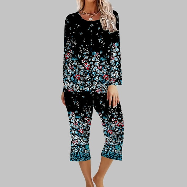 Puntoco Conjunto de pijama cómodo de dos piezas con cuello redondo y manga larga para mujer, conjunto deportivo, 2 piezas Puntoco Puntoco-1223