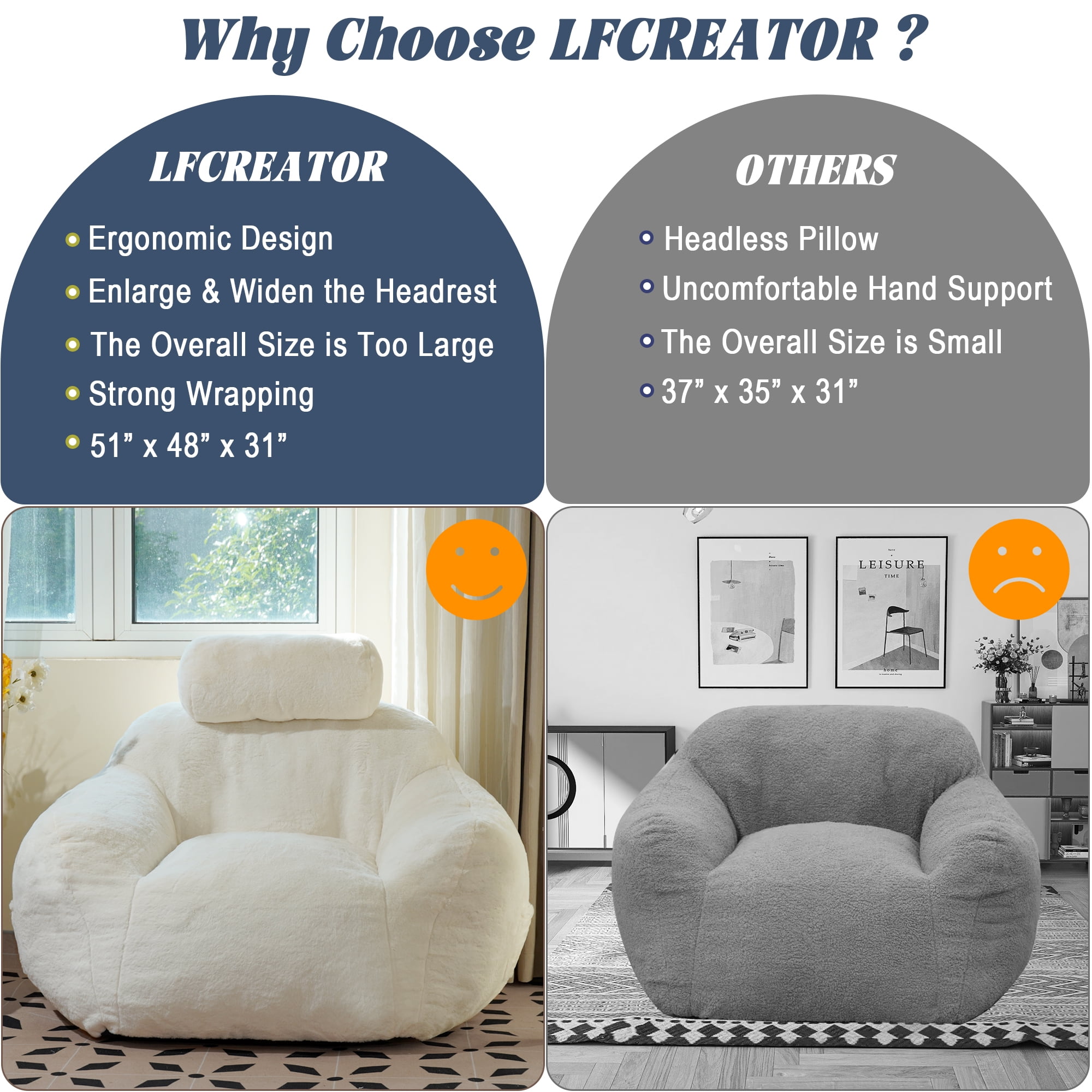Oversized Foam Bean Bag Sofa Chair, Fluffy Bean Bag Chair with pillow for Adults, Lazy Floor Bean Bag Sofa Couch with Ergonomic Support, Plush Lazy Sofa with Beige Color.