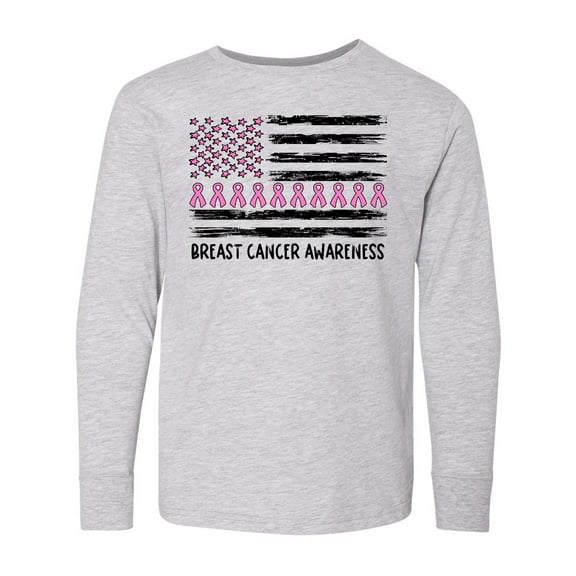 Inktastic Breast Cancer Awareness Pink Ribbons and Flag Long Sleeve Youth T-Shirt