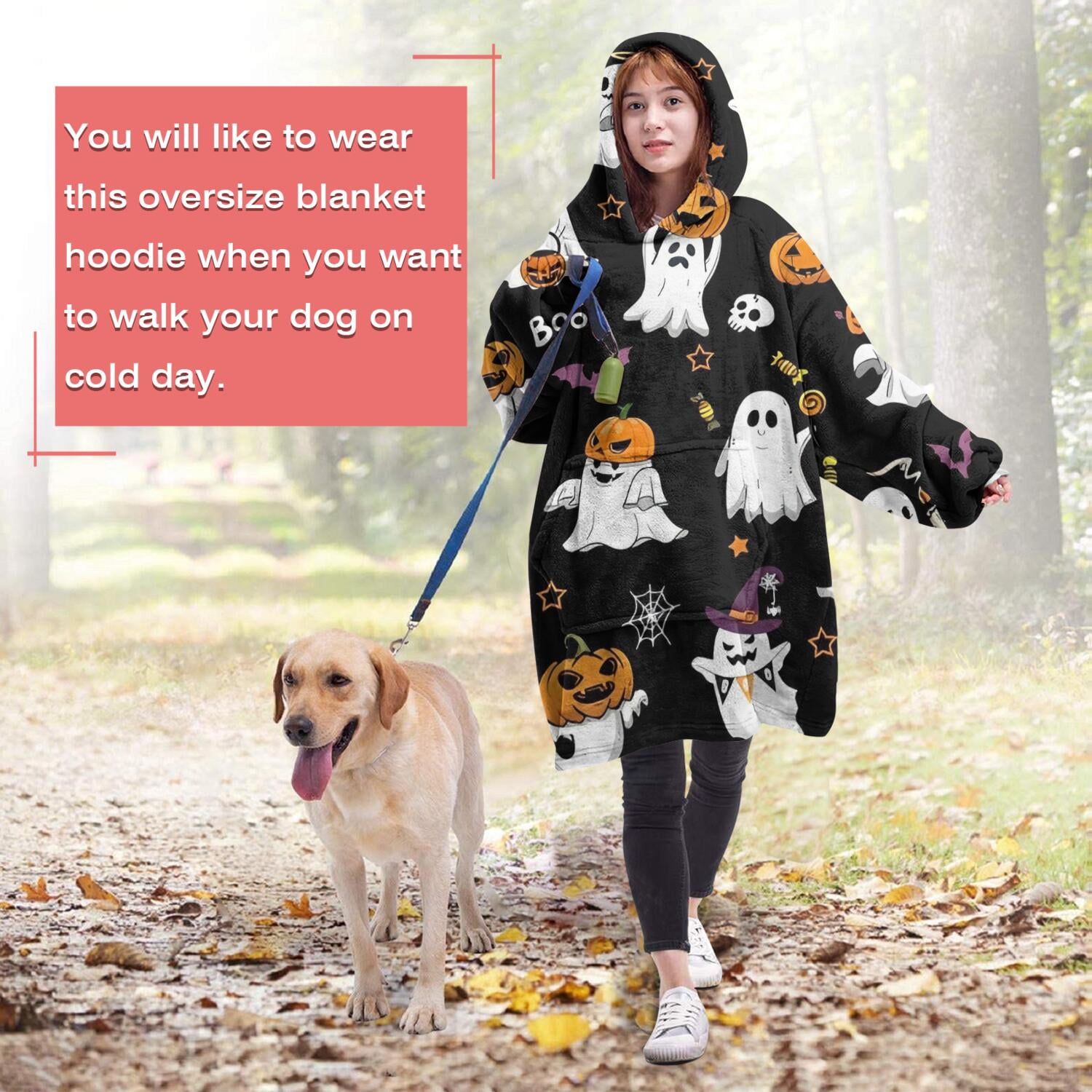 Wearable Oversized Blanket,Black Halloween Ghosts and Pumpkins Wearable Blanket Hoodie for Adults,Cozy Hooded Blankets with Super Pockets,Super Warm Fuzzy Pullover for Women & Men