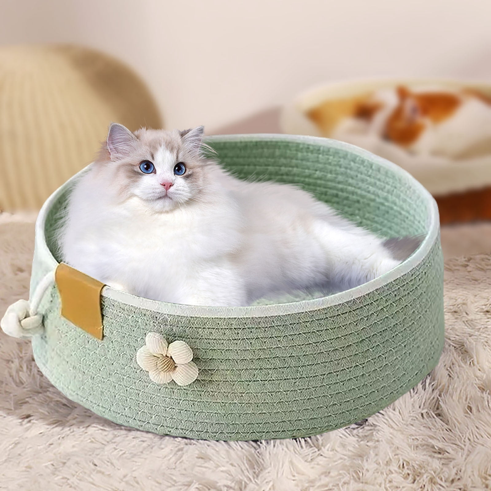 Cozy Woven Pet Bed, Soft Cotton Rope Cat Basket for Scratching 1 Pack, Washable Round Sleeping Nest, Comfortable Bedding for Small Dogs & Cats 13.8x5.1 Inch