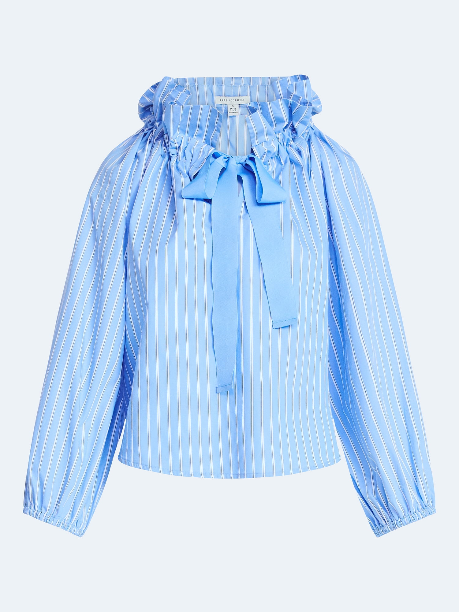 Free Assembly Women's Ruffle Tie Neck Cotton Top with Long Puff Sleeves, Sizes XS-XXL