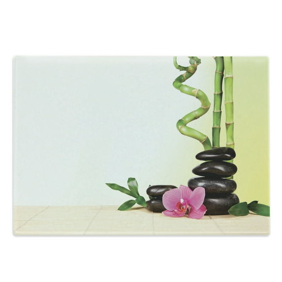 Spa Cutting Board, Calm Life Theme Relax Bamboo Sprouts and Rocks Meditative Concept, Decorative Tempered Glass Cutting and Serving Board, Large Size, Multicolor, by Ambesonne