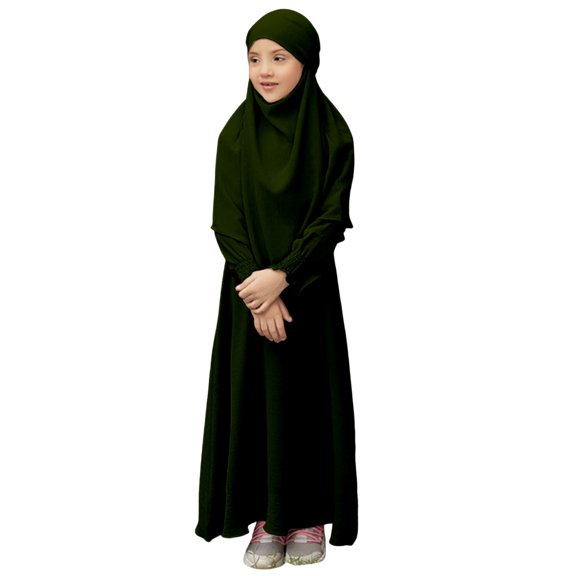 EnJoCho Children Kids Daily Casual Dress O Neck Dress Solid Elegant Dress Kids Prayer Dress Muslim Clothes for Girls Long Sleeve Abaya with Hijab Two Piece Maxi Islamic Set Scarf