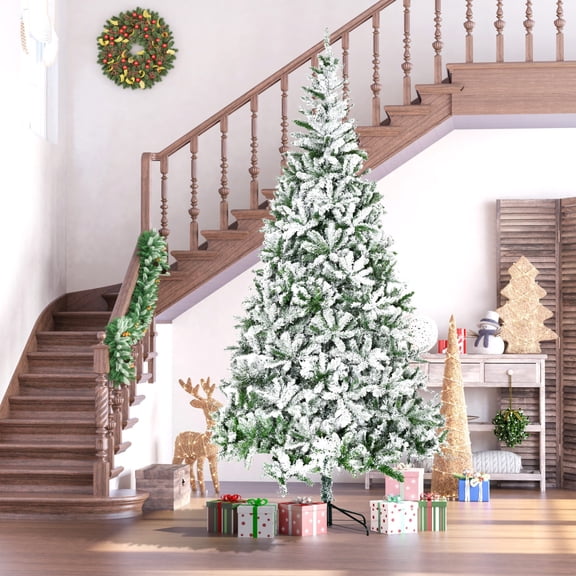 9ft Unlit Snow Flocked Pine Christmas Tree Christmas Gift – Realistic Branches Flame-Retardant Green Artificial Holiday Tree