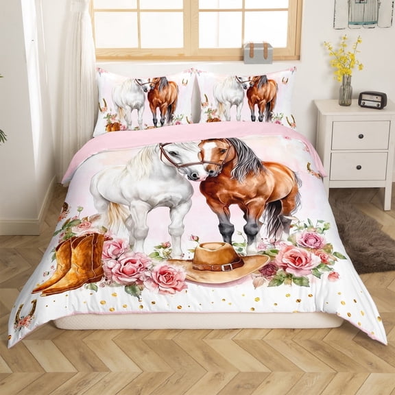 Erosebridal Animal Horse Comforter Cover Twin,Western Cowgirl Bedding Twin Size,Pink Flower Duvet Cover Twin,Lightweight Female Bedroom Decor,Reversible,2-Piece(No Comforter)