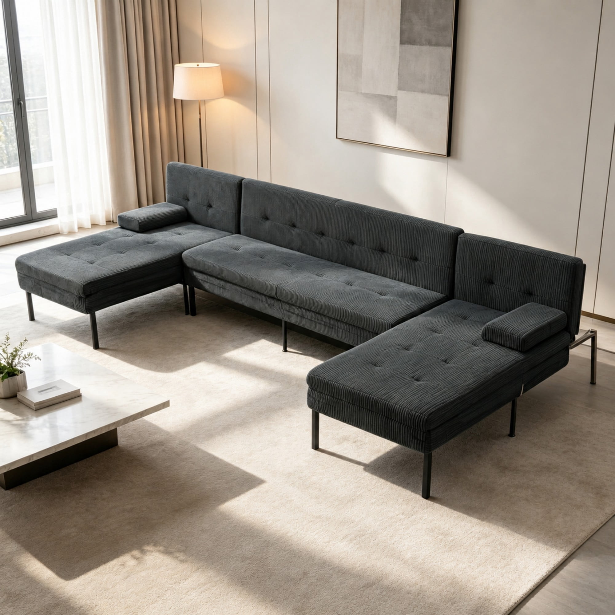 BSHTI 117.13" Soft Corduroy U-Shaped Sectional Sofa Bed with 5-Position Backrest, Comfy Couch for Living Room（Dark Gray）