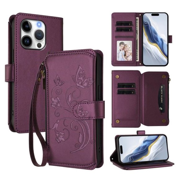 Magnetic Clasp Flip Stand Case for iPhone 16 Pro Max with Lanyard 5-Card Holder  Butterfly Flower Multi-card Zipper Wallet Leather Phone Case,Dark Purple,For iPhone 16 Pro Max