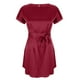 thumbnail image 4 of Vestido de Manga Corta para las Mujeres, Color Sólido Encaje Hasta Cintura Retracta Satén Tenedor Dividido, Cuello Redondo Midi, 4 of 8