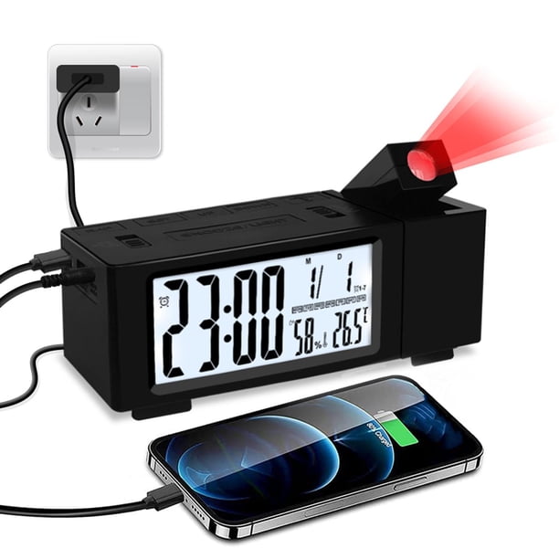 Proyección Despertadores Atenuador de cabecera Proyector de reloj digital LED, Puerto de carga USB dual, Giratorio de 180 degree, Snooze, para dormitorio Macarena Despertador de proyección