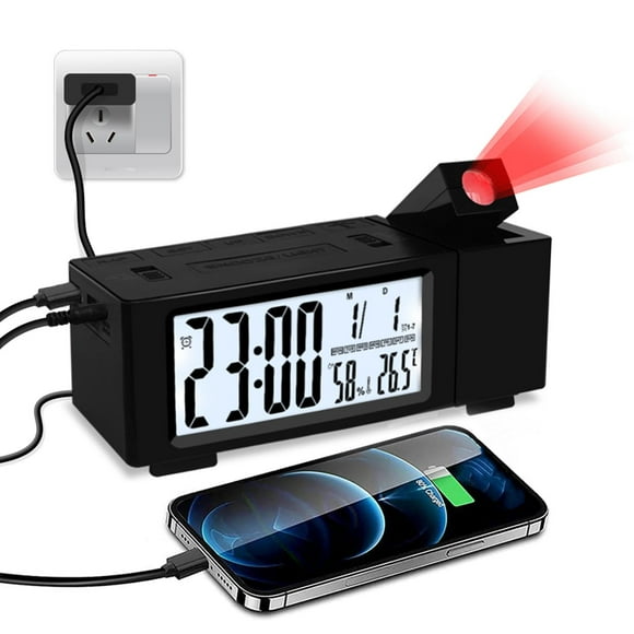 Proyección Despertadores Atenuador de cabecera Proyector de reloj digital LED, Puerto de carga USB dual, Giratorio de 180 degree, Snooze, para dormitorio Fernando Despertador de proyección