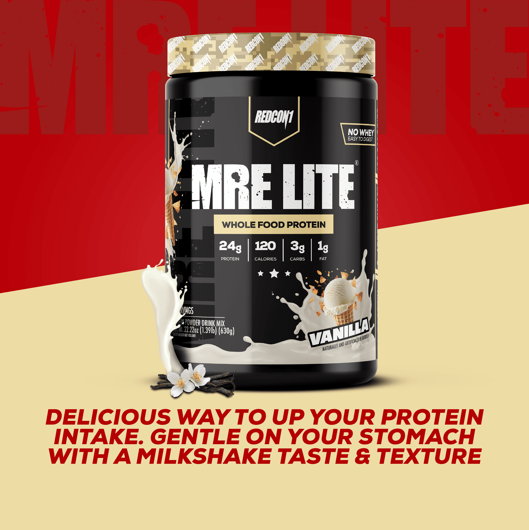 REDCON1 MRE Lite Whole Food Protein Powder, Vanilla Milkshake, Whey & Lactose Free Meal Replacement, Easy to Digest, 20 Servings