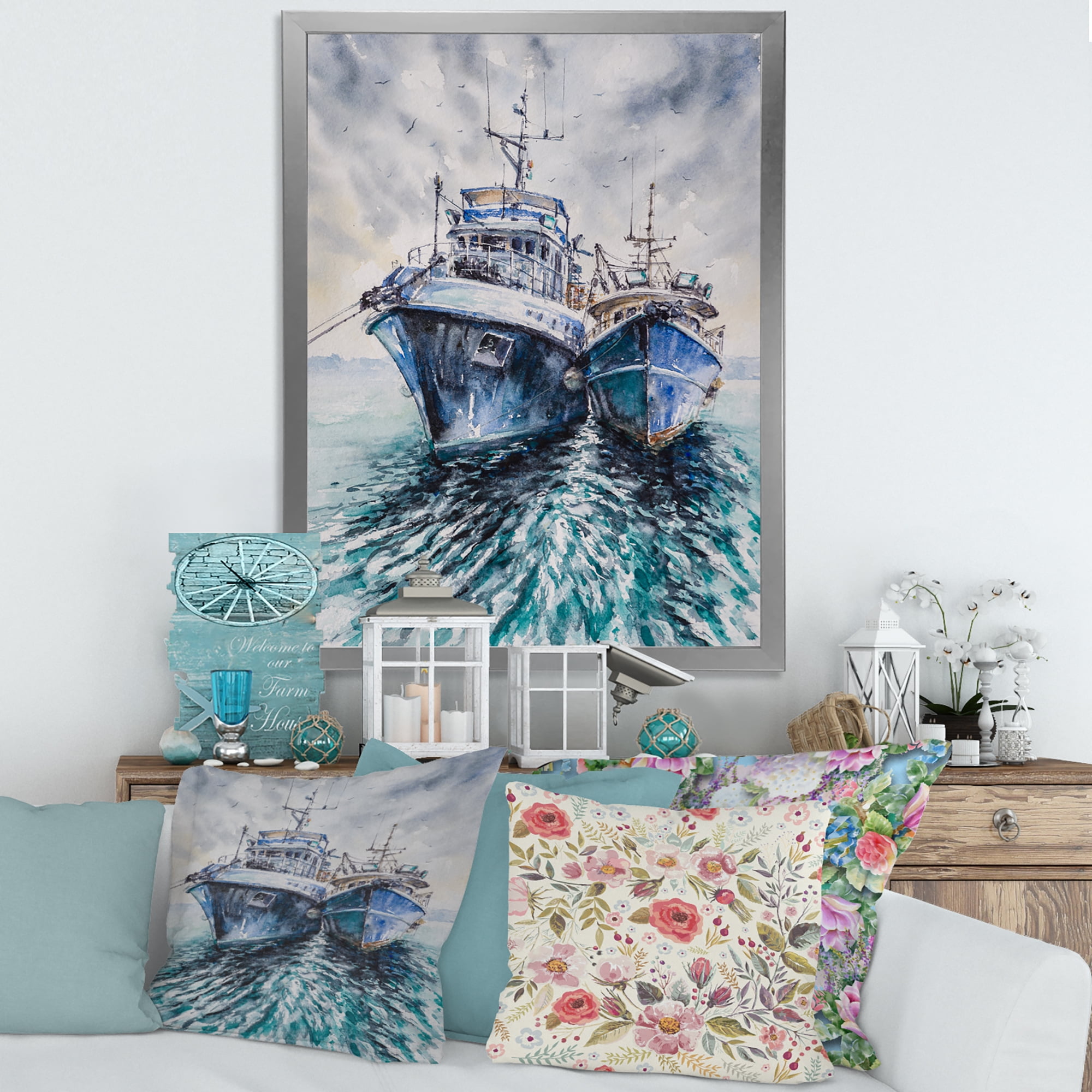 Designart 'Blue Fishing Boats Before A Storm Anchored' Nautical & Coastal Framed Art Print