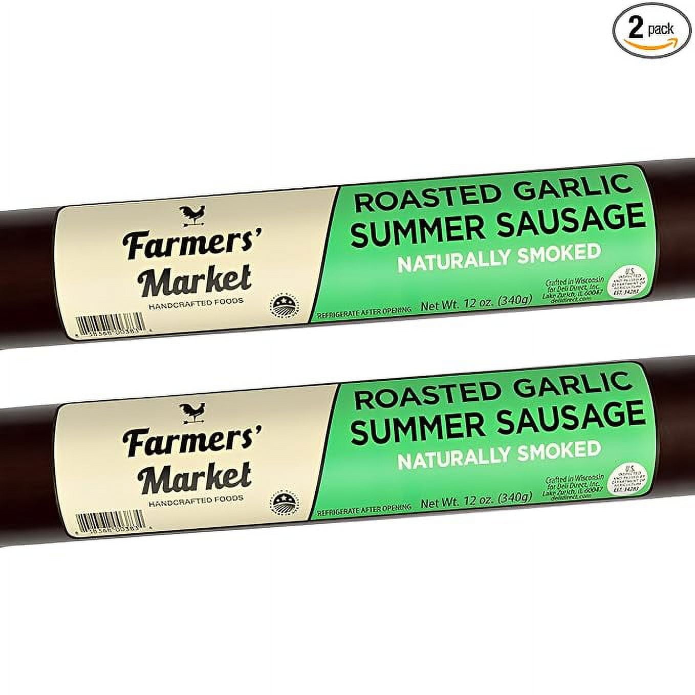 Farmers' Market Summer Sausage, Hickory Smoked Beef, Shelf Stable Sausage Roll, Ready To Eat, High Protein, Low Carb, Keto, Gluten Free, Charcuterie Meat, 24oz (Roasted Garlic, 2 Pack)