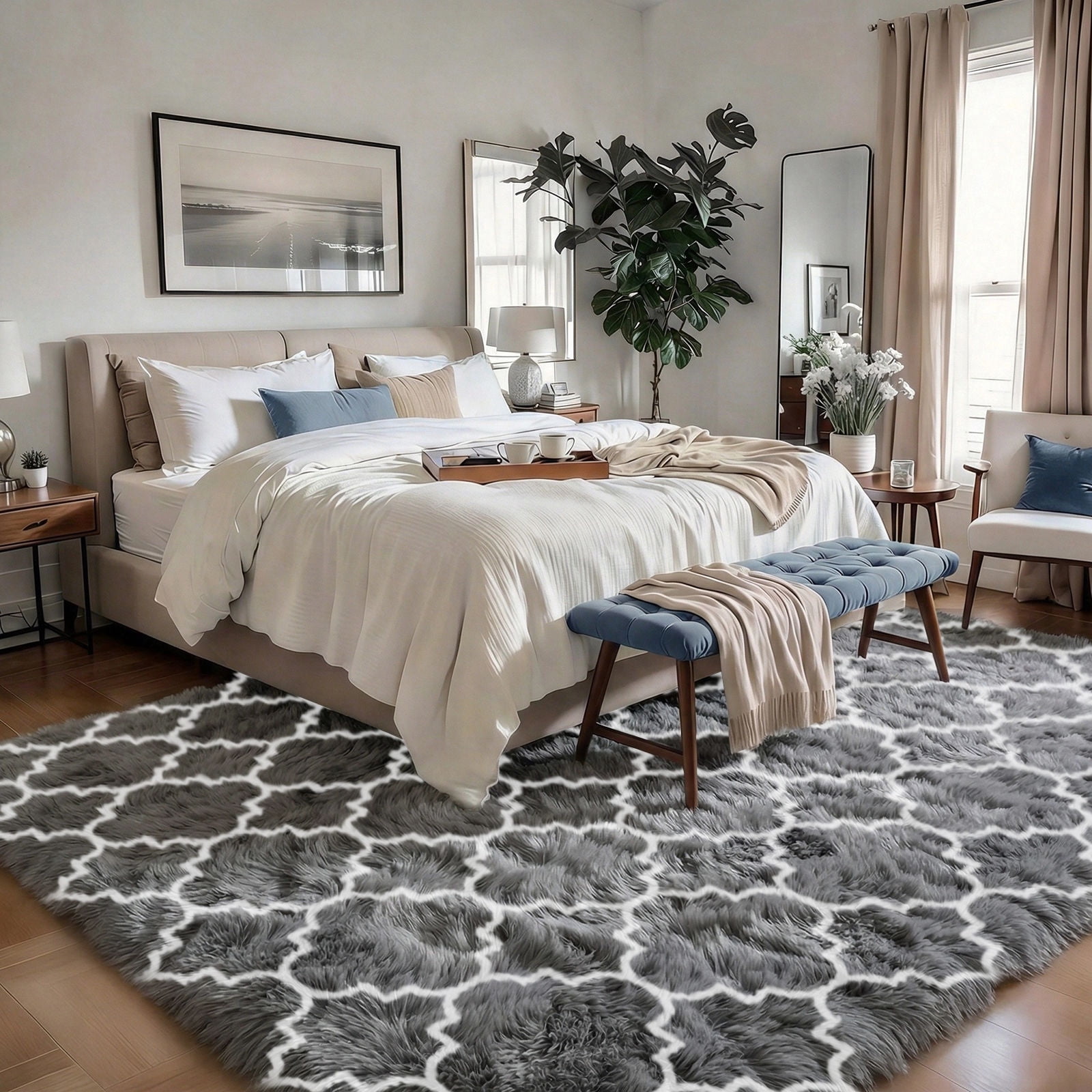 Pentantan Shag Area Rug, 8ft x 10ft Geometric Soft Fluffy Rugs for Living Room Bedroom Indoor Carpet, Gray & White