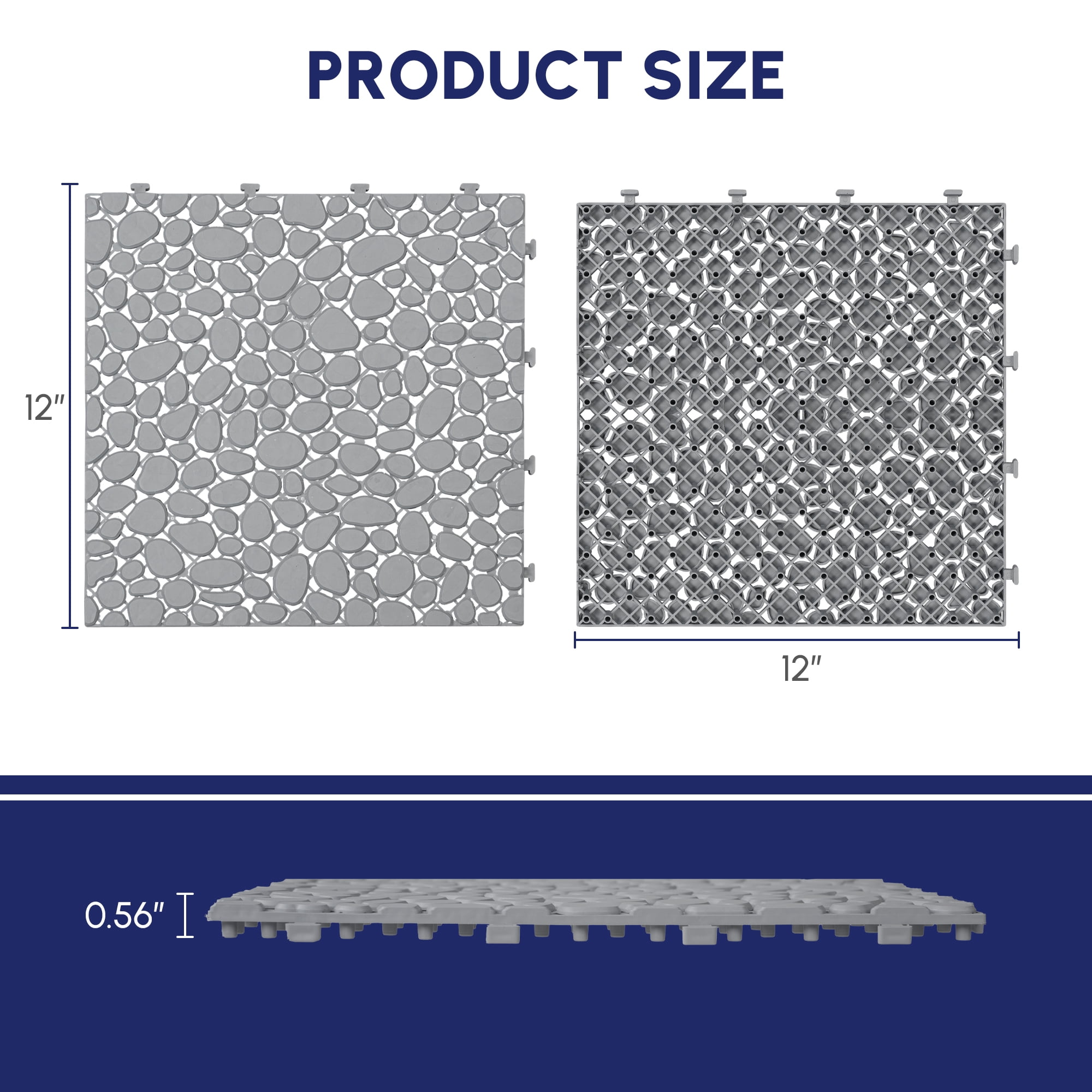 12 x 12 Inch Gray Pebble Stone Pattern Interlocking Deck Tiles, Plastic Waterproof All-Weather Anti-Slip Floor Tiles for Bathroom Shower Balcony Porch Backyard Patio, Pack of 60