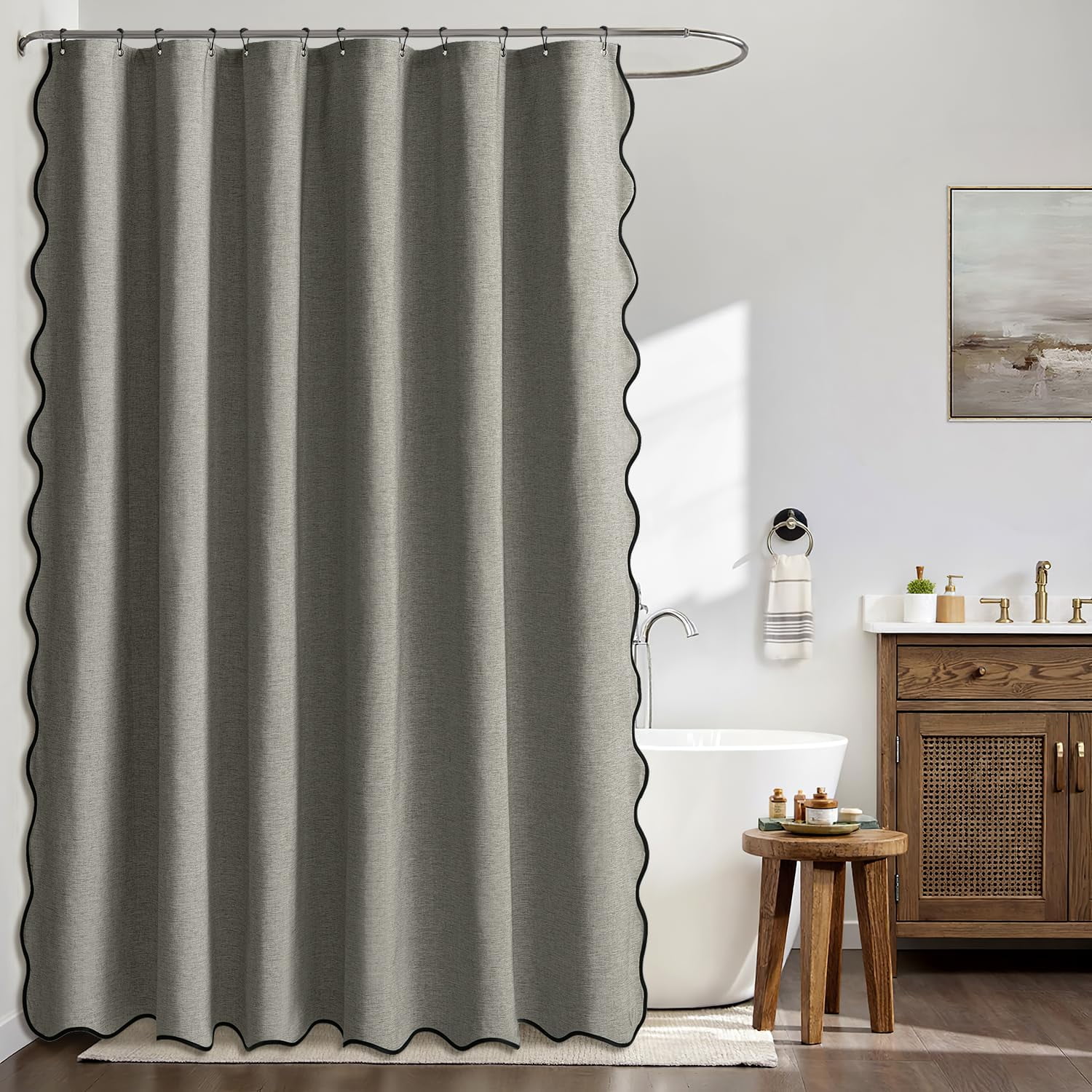 qtess A84" Long Scalloped Shower Curtain Linen Textured with 12 Metal Hooks Cute Extra Long Heavy Duty Washable Waterproof Cloth Shower Curtains with Black Border for Bathroom Hotel Bathtub,Khaki