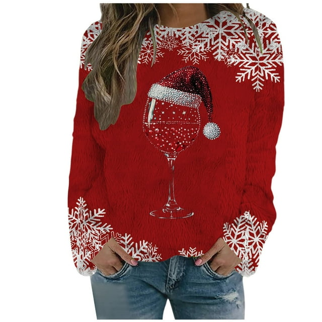 Shadoumai Vêtements de Noël Amusants Doublés en Polaire Style Hiver Chandail de Noël pour Femmes Col Rond Rouge