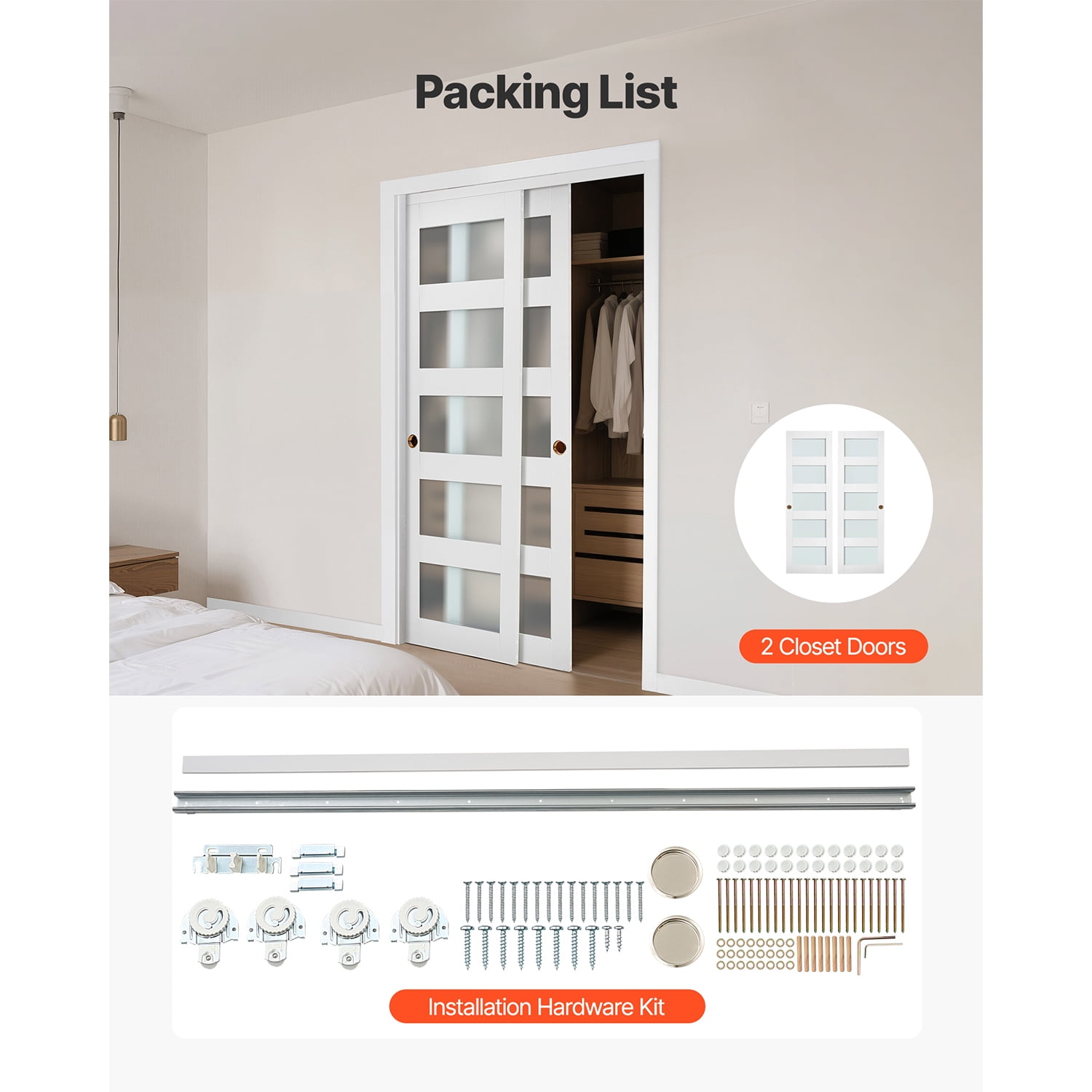 KFFKFF Sliding Closet Door, 48" (Double 25") x 80", Frosted Glass Bypass Doors with Hardware Kit & Floor Guide, Durable Wood and MDF Panels with Waterproof PVC Coating for Bedrooms and Closets