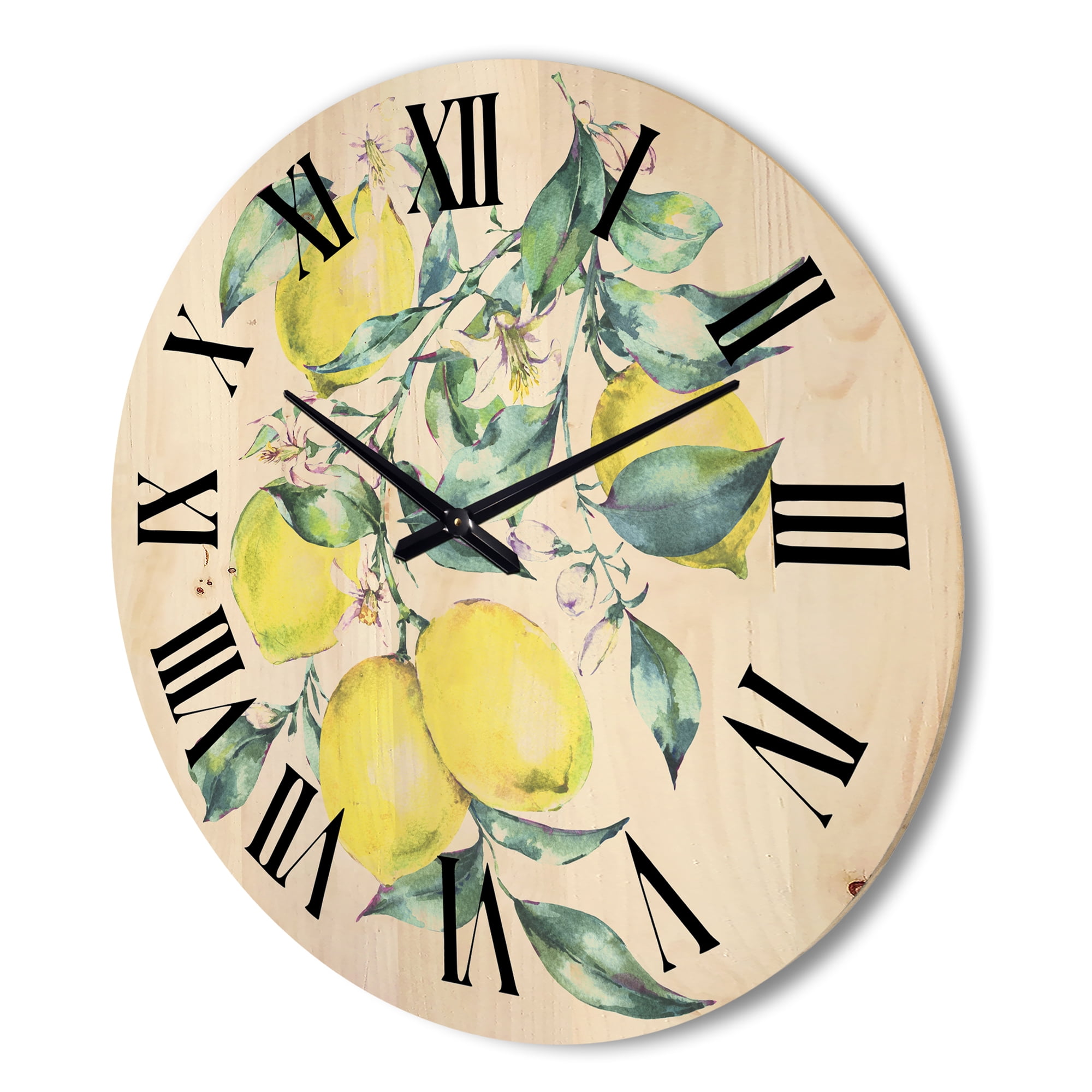 Designart 'Branch of Leaves and Yellow Lemons I' Tropical Wood Wall Clock