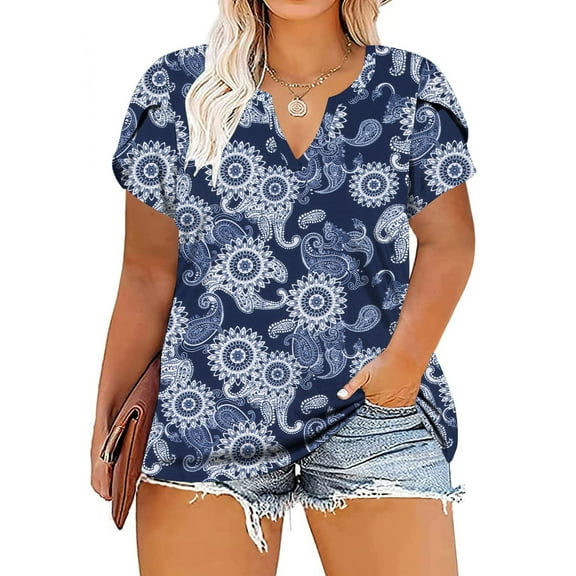 pimelu Womens Tops Going Out Tops for Women Vintage Ethnic Style Print Plus Size Petal Sleeve Blouses Summer Fashion Western Print Tees Girls V-Neck Short Sleeve Tunic Top