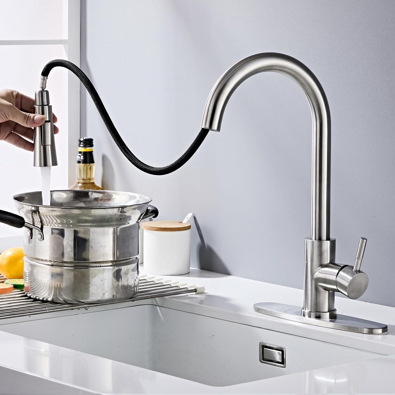 Zovajonia Modern Brushed Nickel Stainless Steel Kitchen Sink Faucets with Pull Down Sprayer, Single Handle，high arc，with 10 inch Deck Plate，1 or 3 Hole