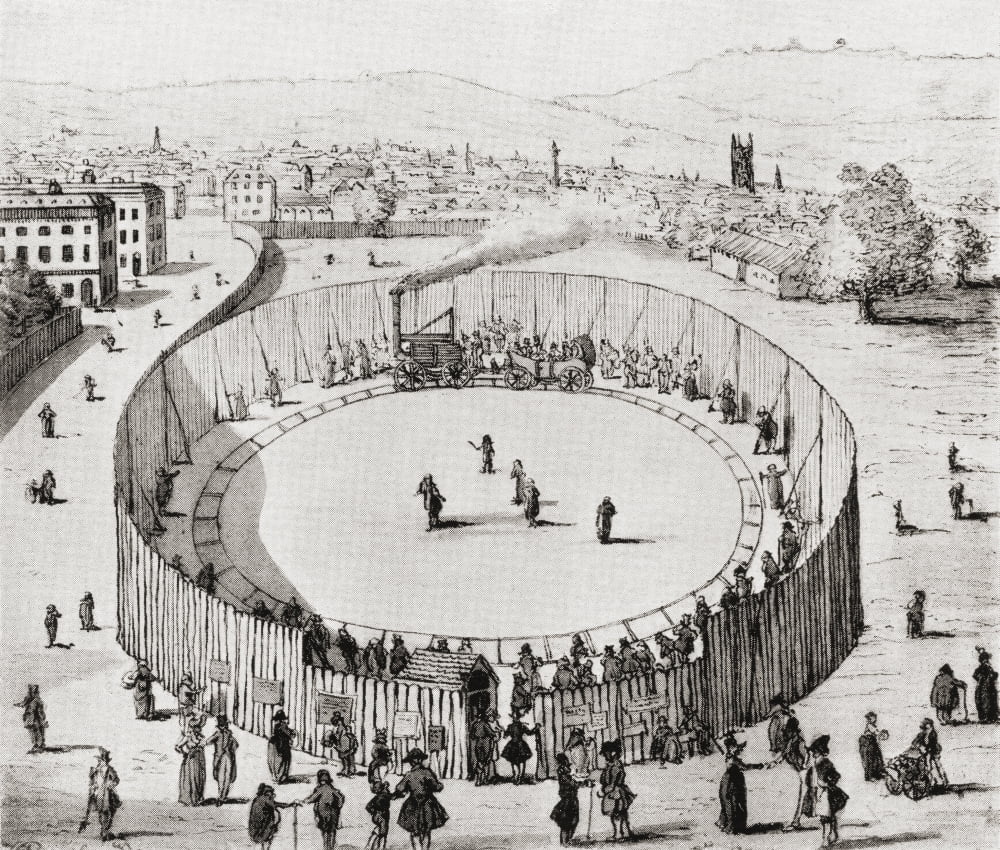 An Exhibition Of Steam Traction By Richard Trevithicks Catch Me Who Can Steam Railway Locomotive On The Site Of Euston Square Bloomsbury London England In 1809 From The Streets Of London Through The C