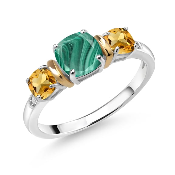 Gem Stone King 2.12 Ct Cushion Green Malachite Yellow Citrine 925 Silver and 10K Yellow Gold Diamond 3-Stone Ring (Size 8)