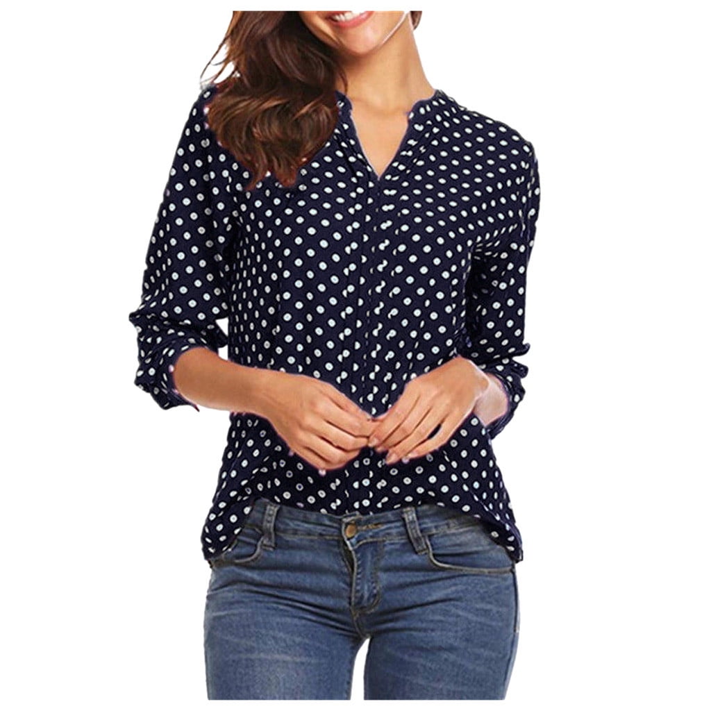 Navy blue polka dot shirt womens Clearance