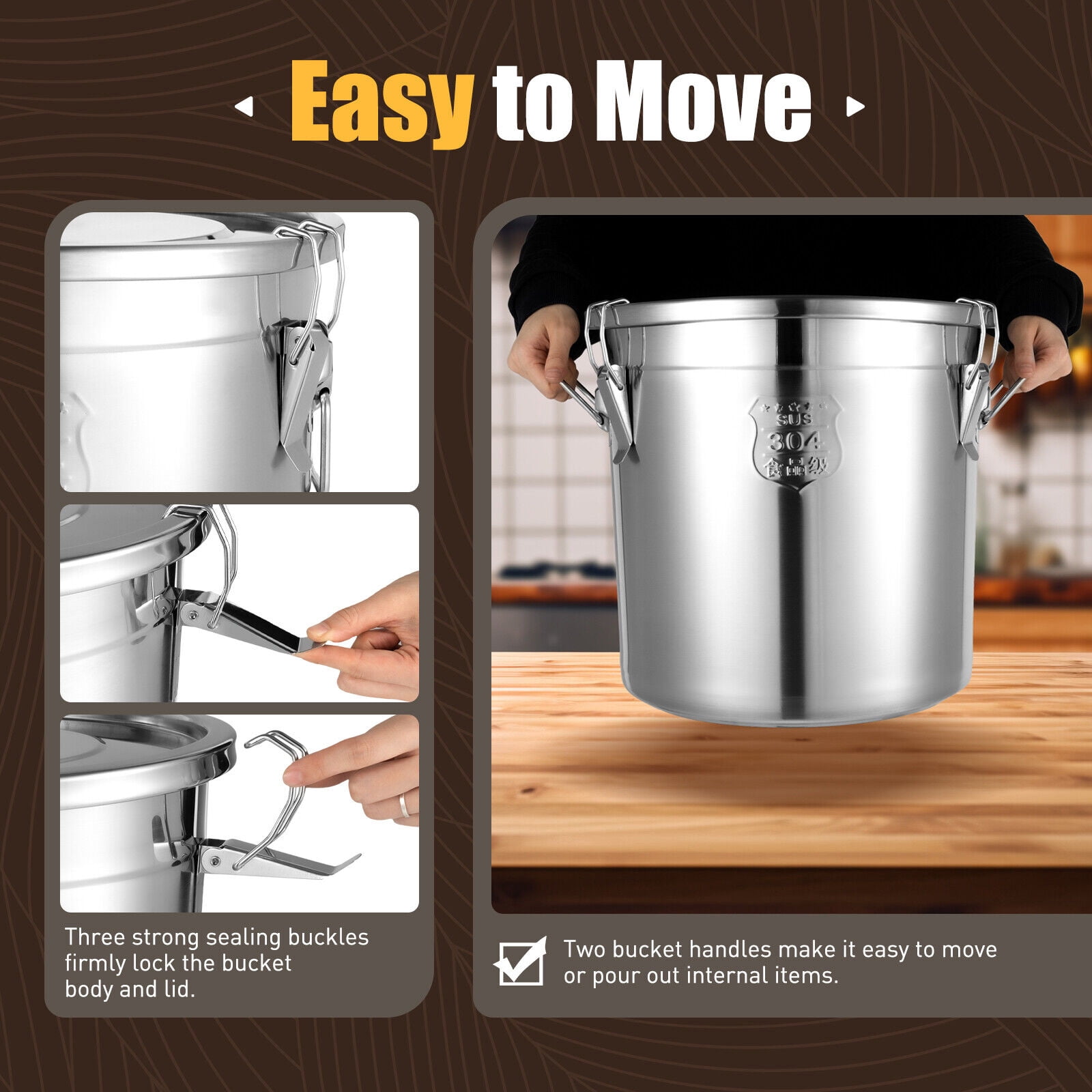 33L Stainless Steel Cylinder Airtight Canister Kitchen Storage Bucket Dry Food 7.26gal Container