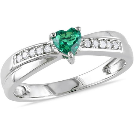 1/4 Carat T.G.W. Created Emerald and Diamond-Accent Sterling Silver Cross-Over Heart Ring