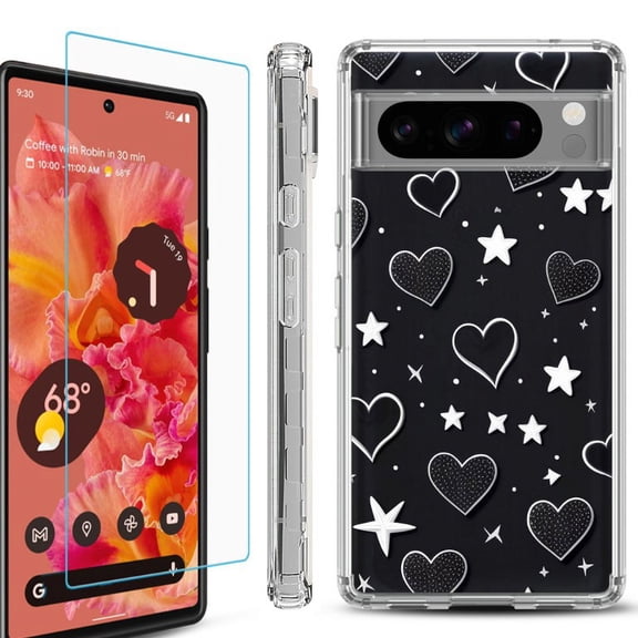 OneToughShield ® Compatible with Google Pixel 8 Pro, Shockproof Phone Case, with Tempered Glass Screen Protector - Hearts n Stars