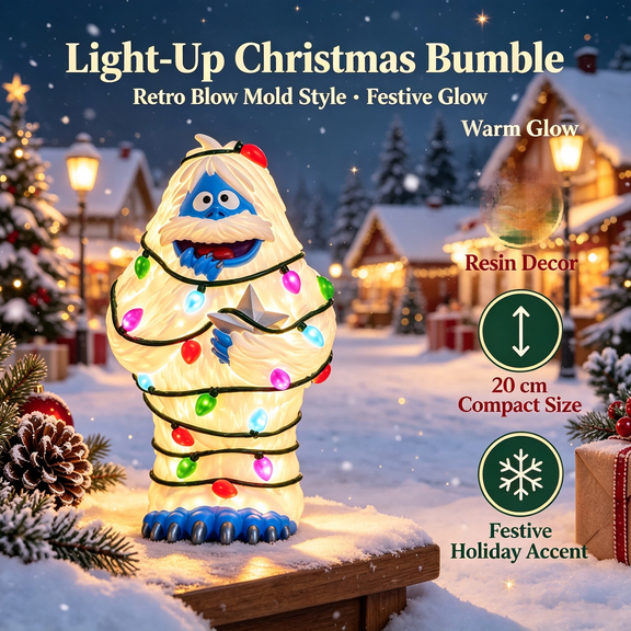 7.87'' Light-Up Blow Mold Bumble Christmas Decor, Retro Snowman-Style Resin Figurine with Colorful Bulbs and Silver Star, Vintage Tabletop Holiday Decoration for Mantel, Desk, Christmas Gift