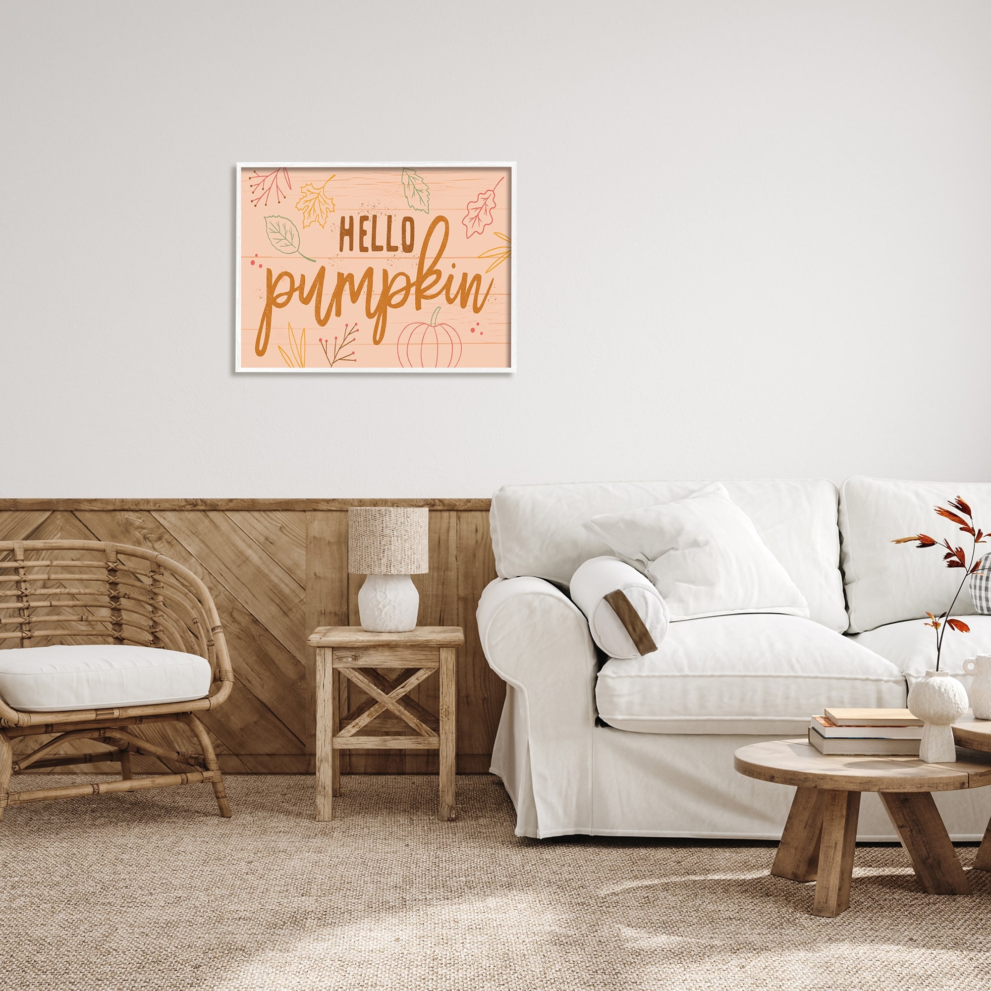 Hello Pumpkin Patterned Botanicals Autumn Phrase Design Inspirational Graphic Art Framed Art Print Wall Art