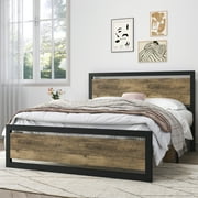 Sha Cerlin Brown Full Size Metal Platform Bed Frame with Wooden Headboard & Footboard, Adult