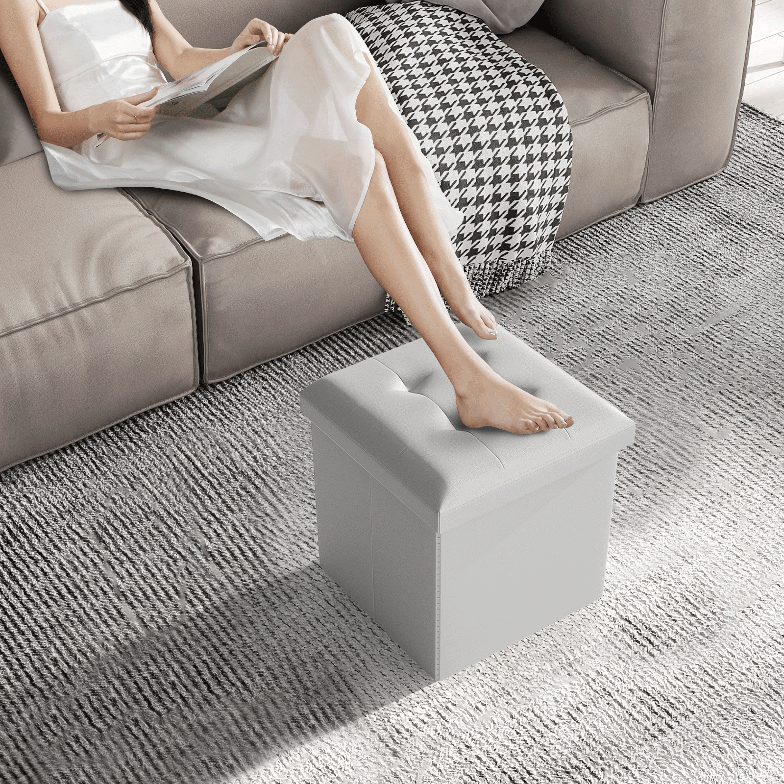 MoNiBloom 15" Cube Collapsible Ottoman with Storage, PU Leather Storage Ottoman Footrest, for Living Room Bedroom Entryway, White