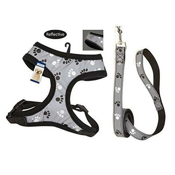 Grey & Black Reflective Pawprint Matching Dog Harness & Lead Sets Night Safety(Large - 19 to 26 inch)