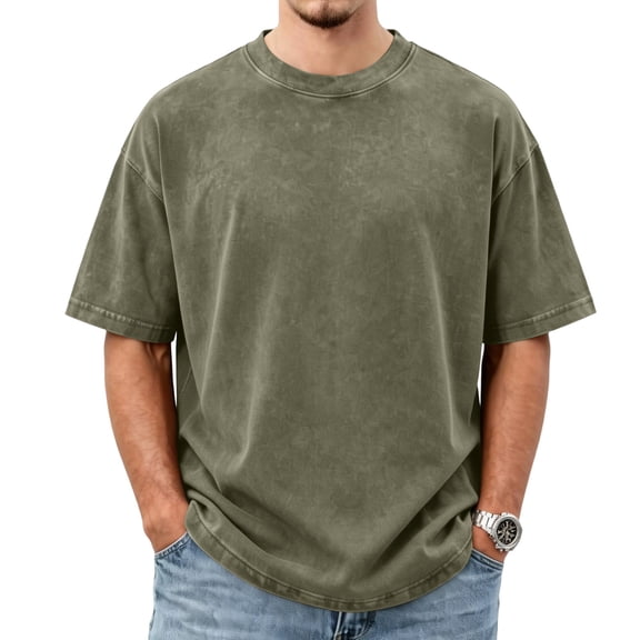 Oversized Tshirts For Men Vintage Short Sleeve Shirts Acid Wash Basic Tees,Army Green L