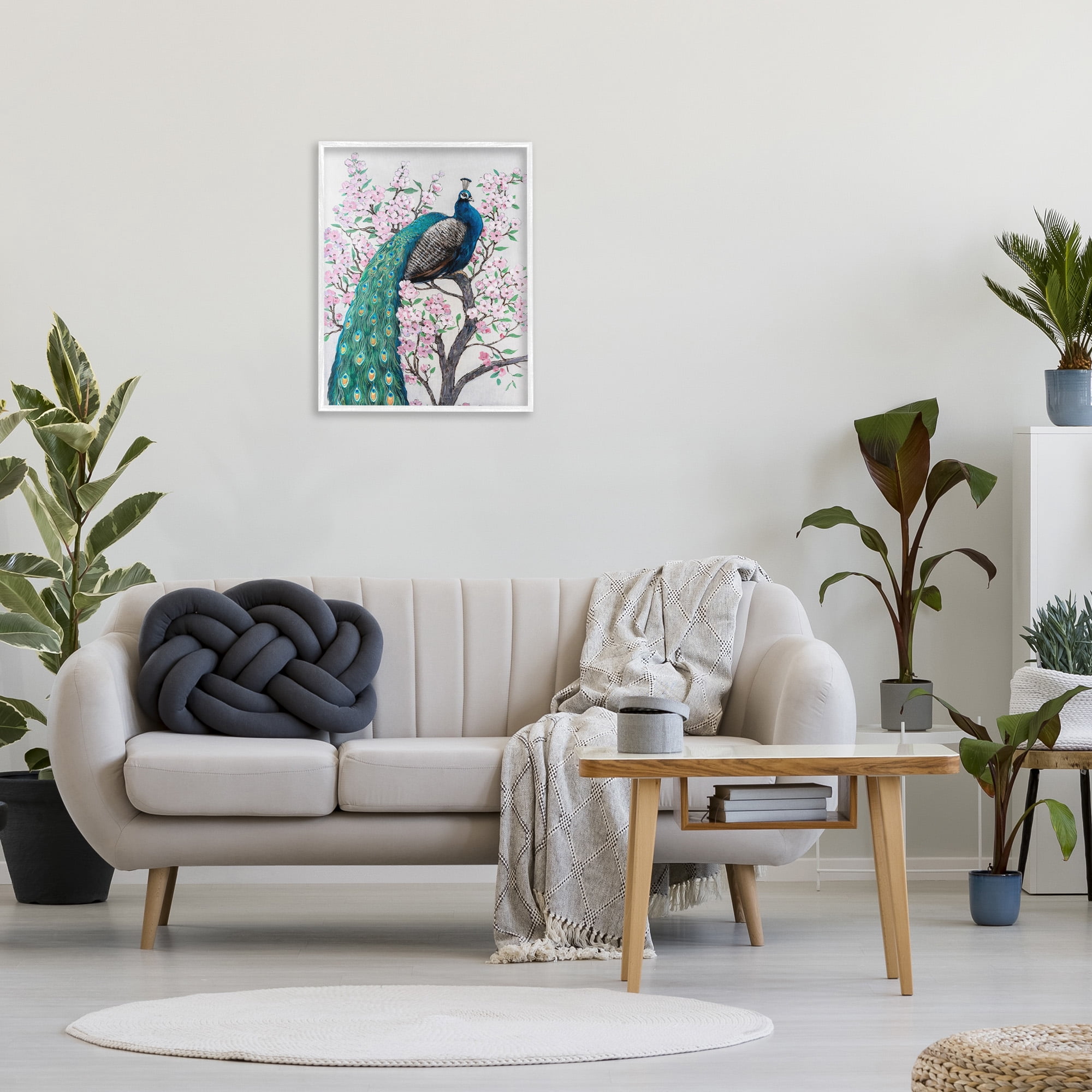 Stupell Industries Peacock Perched on Florals Animals & Insects Painting White Framed Art Print Wall Art, 24 x 30