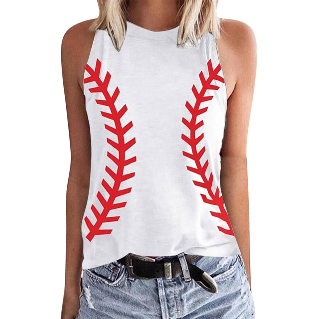 Hauts d'Été pour Femmes, Blouses Décontractées Élégantes 2024, T-Shirts Sans Manches à Col Rond, Imprimé Baseball