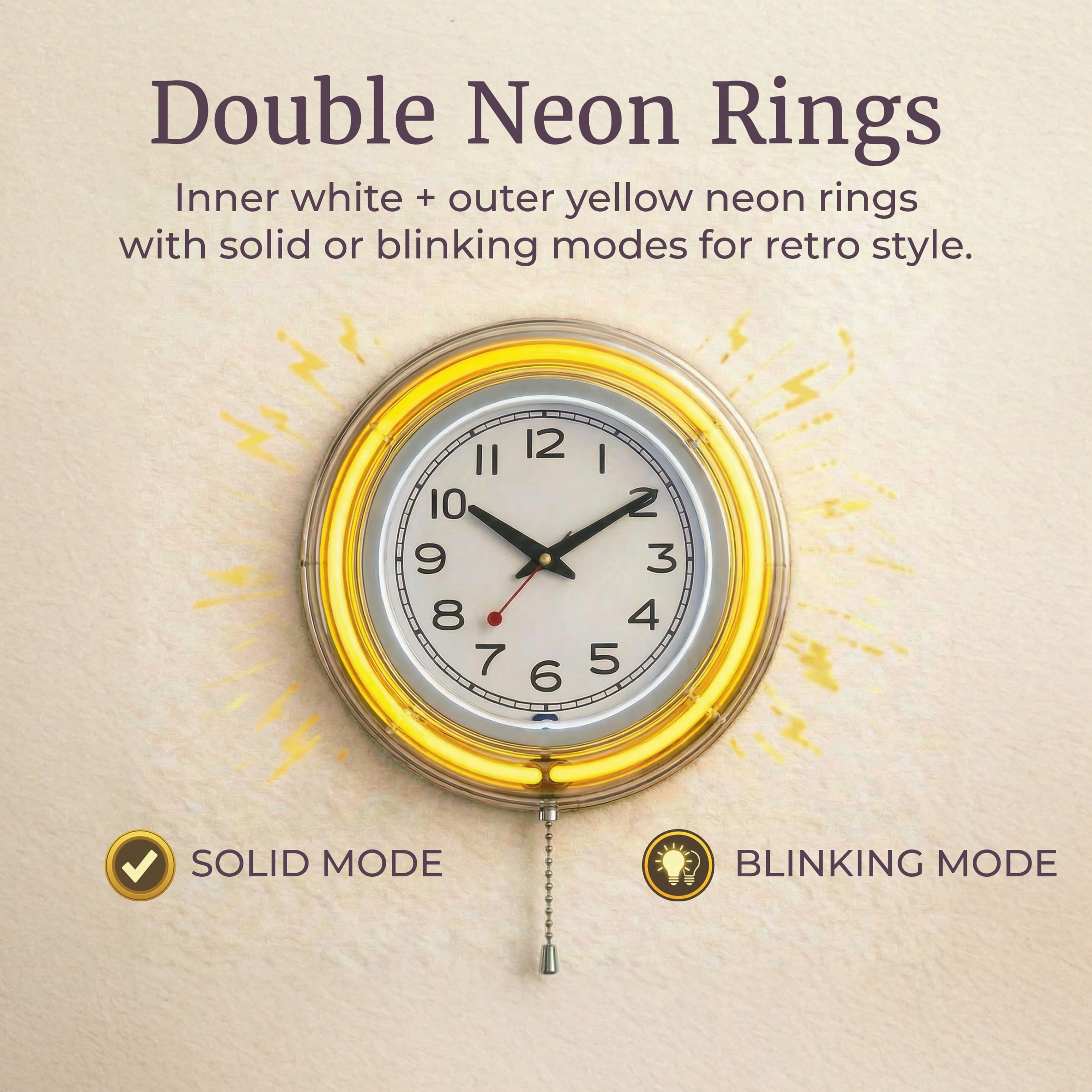 Lavish Home Neon Wall Clock, 14" Round with Double Light Ring, Yellow Retro Décor