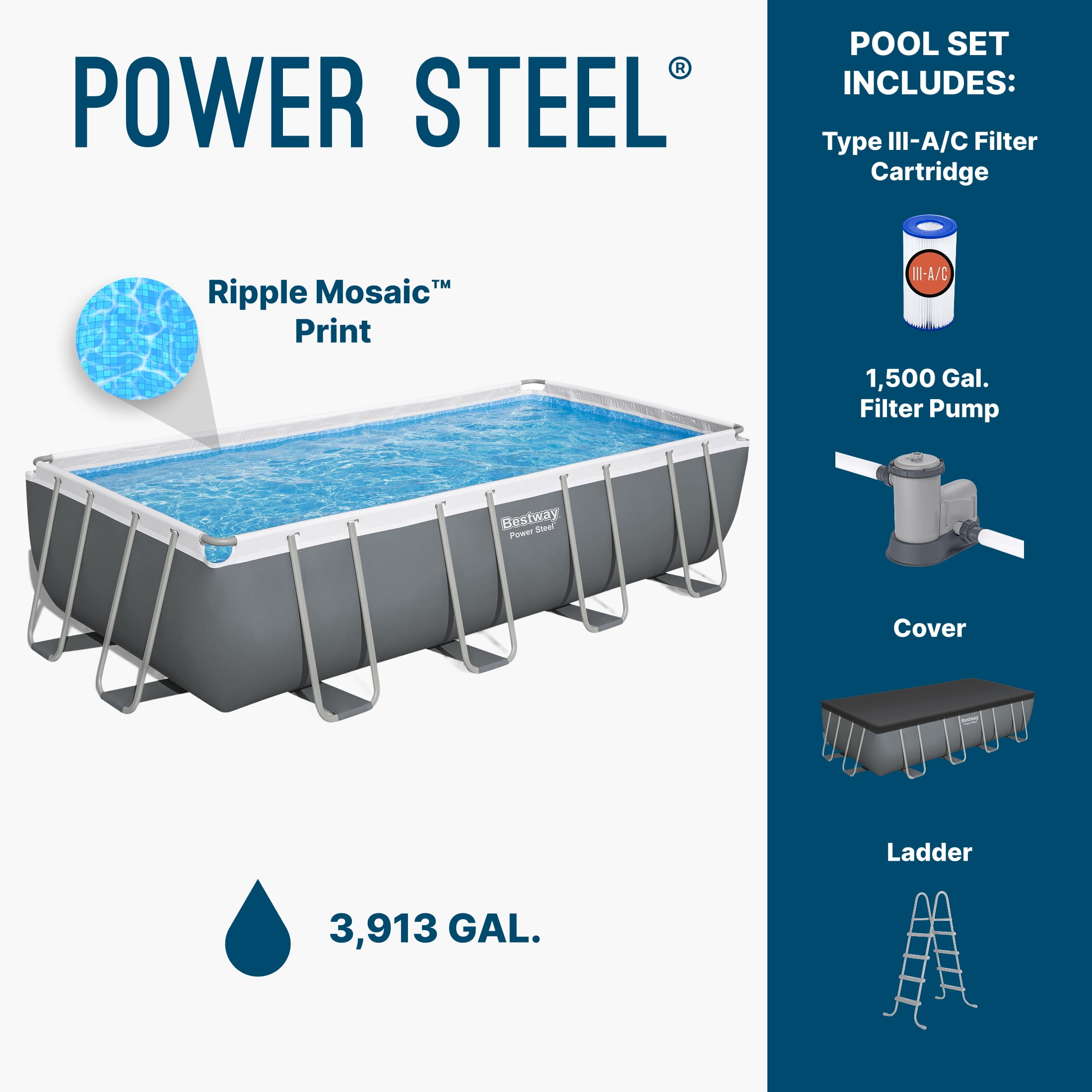Bestway Power Steel 18’ x 9' x 48” Metal Frame Above Ground Pool, Gray