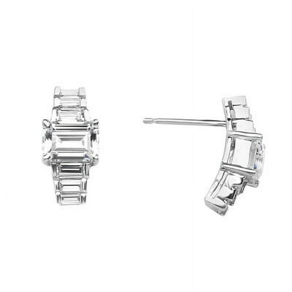 Bar Set Designer Earrings with Emerald Cut Baguettes and Diamonds by Diamond Essence set in 14K White Gold