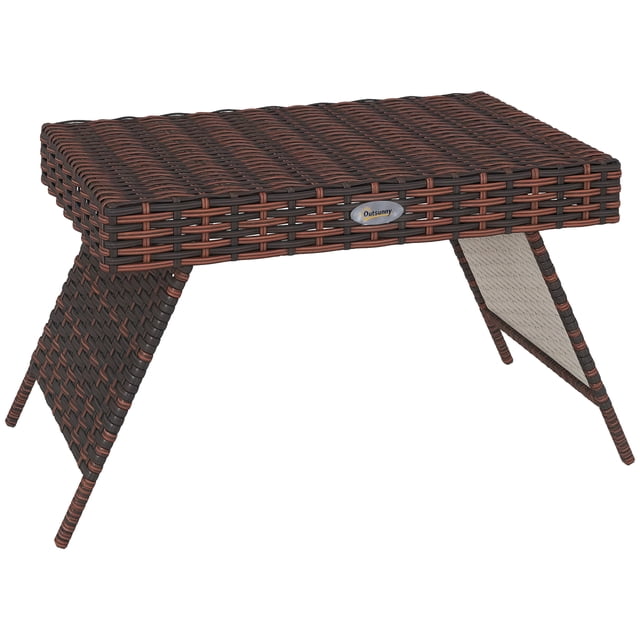 Outsunny Table d'Appoint Pliable, Table de Patio en Osier avec Cadre en Métal, Brun