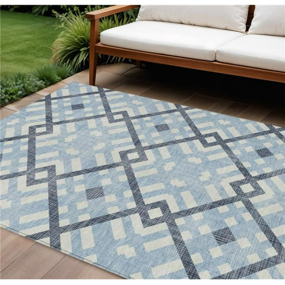 HomeRoots 578445 8 x 10 ft. Geometric Washable Indoor & Outdoor Rectangle Area Rug, Sky Blue, Navy Blue & Ivory