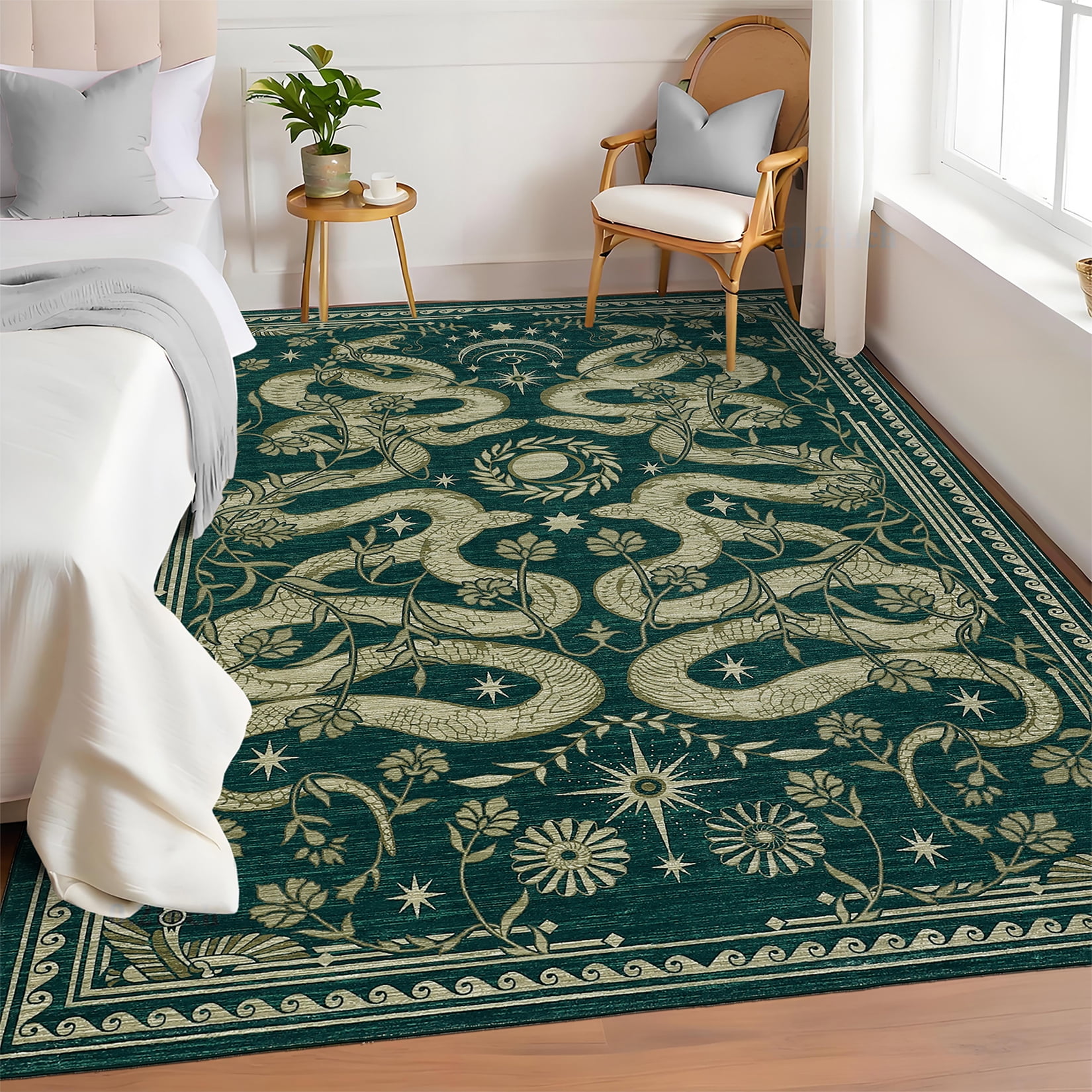 Garvee 8'x10' Modern Snake Printed Area Rug Washable Living Room Rug, Forest Low Pile Stain Resistant Rug Non Slip Carpet for Bedroom Dining Room, Blue