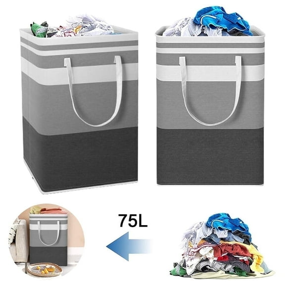 2-Pack Large Laundry Basket,Waterproof Freestanding Laundry Hamper, Collapsible Tall Clothes Hamper with Extended Handles (Gradient Grey, 75L)